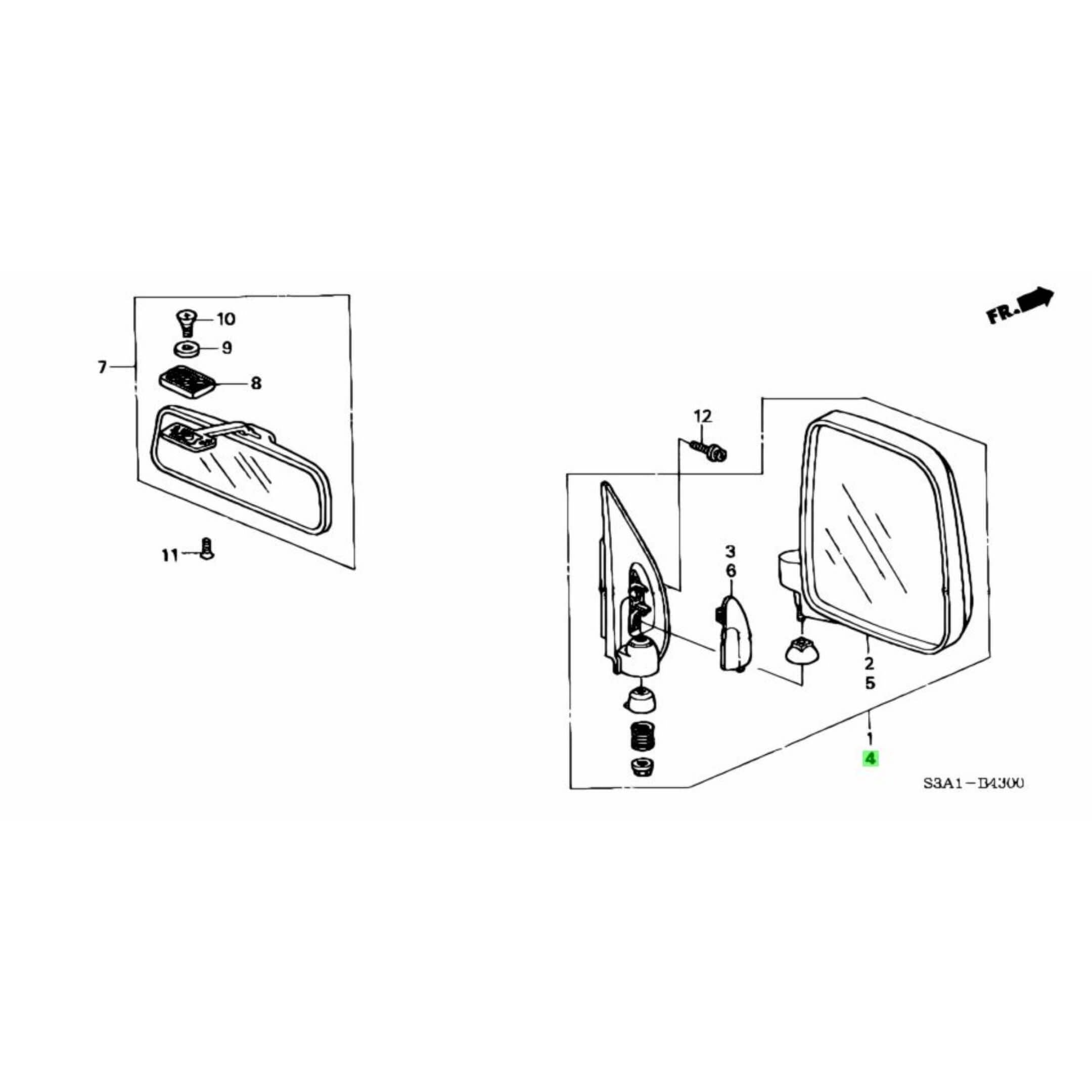 Technical diagram of a passenger side door mirror for Honda Acty Truck HA8, HA9 models (2009-2022), showcasing assembly components.
