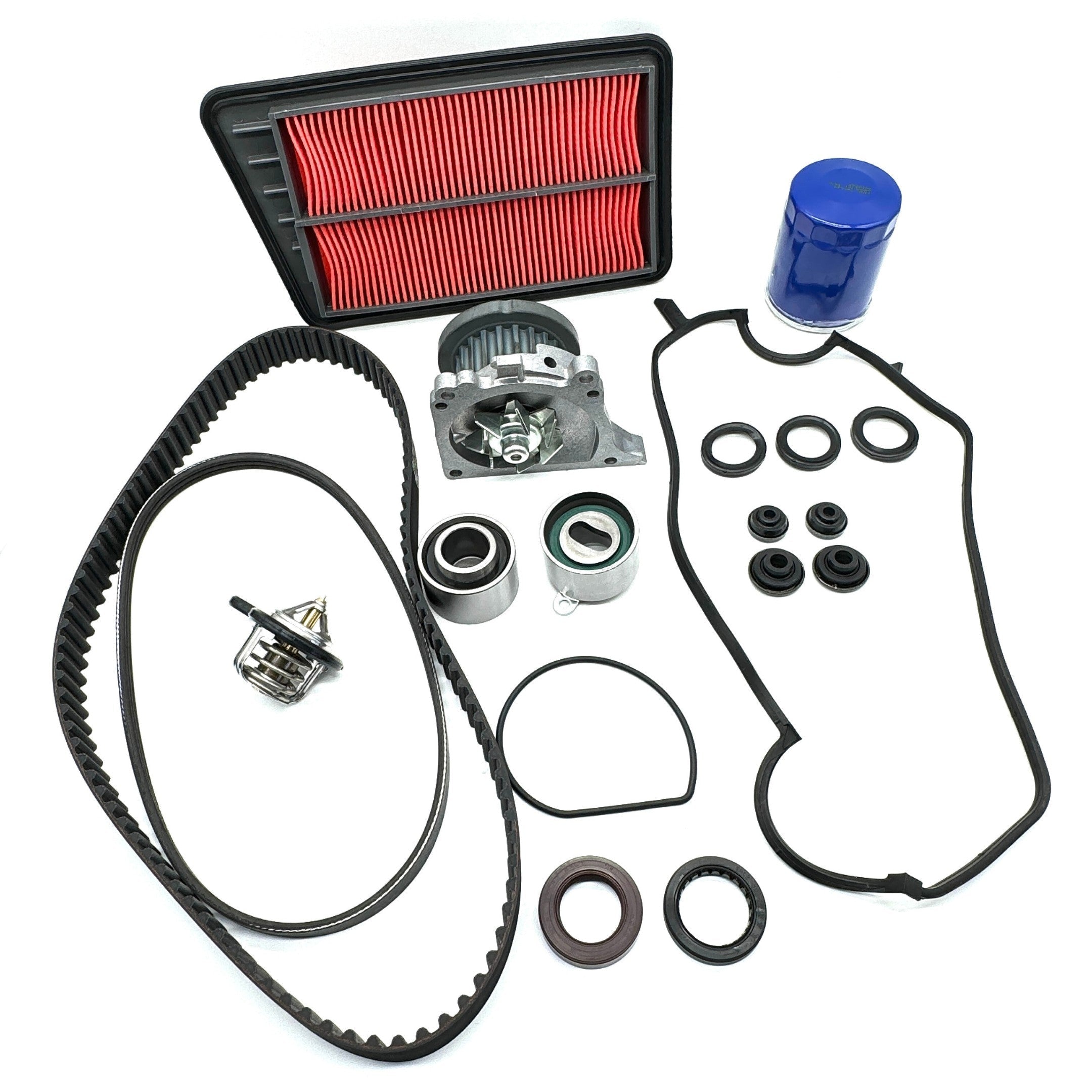 Timing Belt Kit - 18 Piece for Honda Acty Truck HA8, HA9 Models (2009-2022) featuring black belts, red air filter, and blue oil filter.