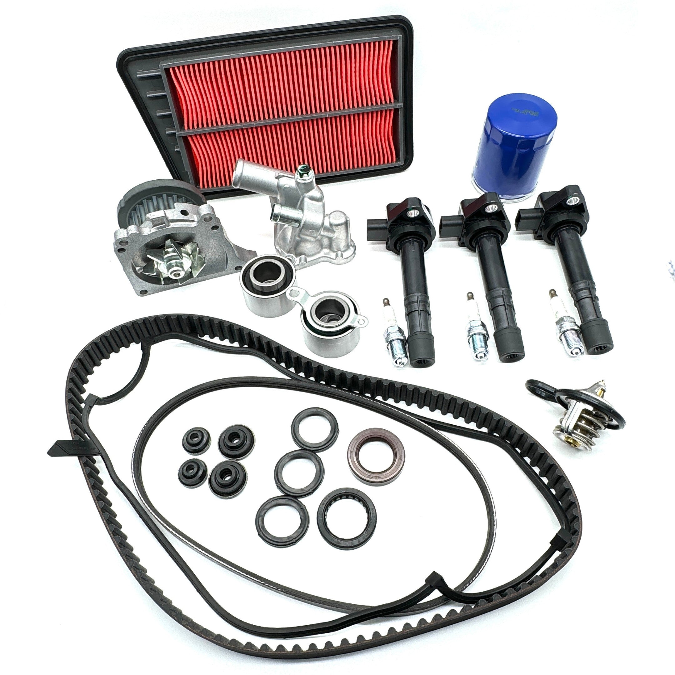 Timing Belt Kit - 25 Piece for Honda Acty Truck HA8, HA9 Models 2009-2022 featuring black belts, red air filter, and essential components.