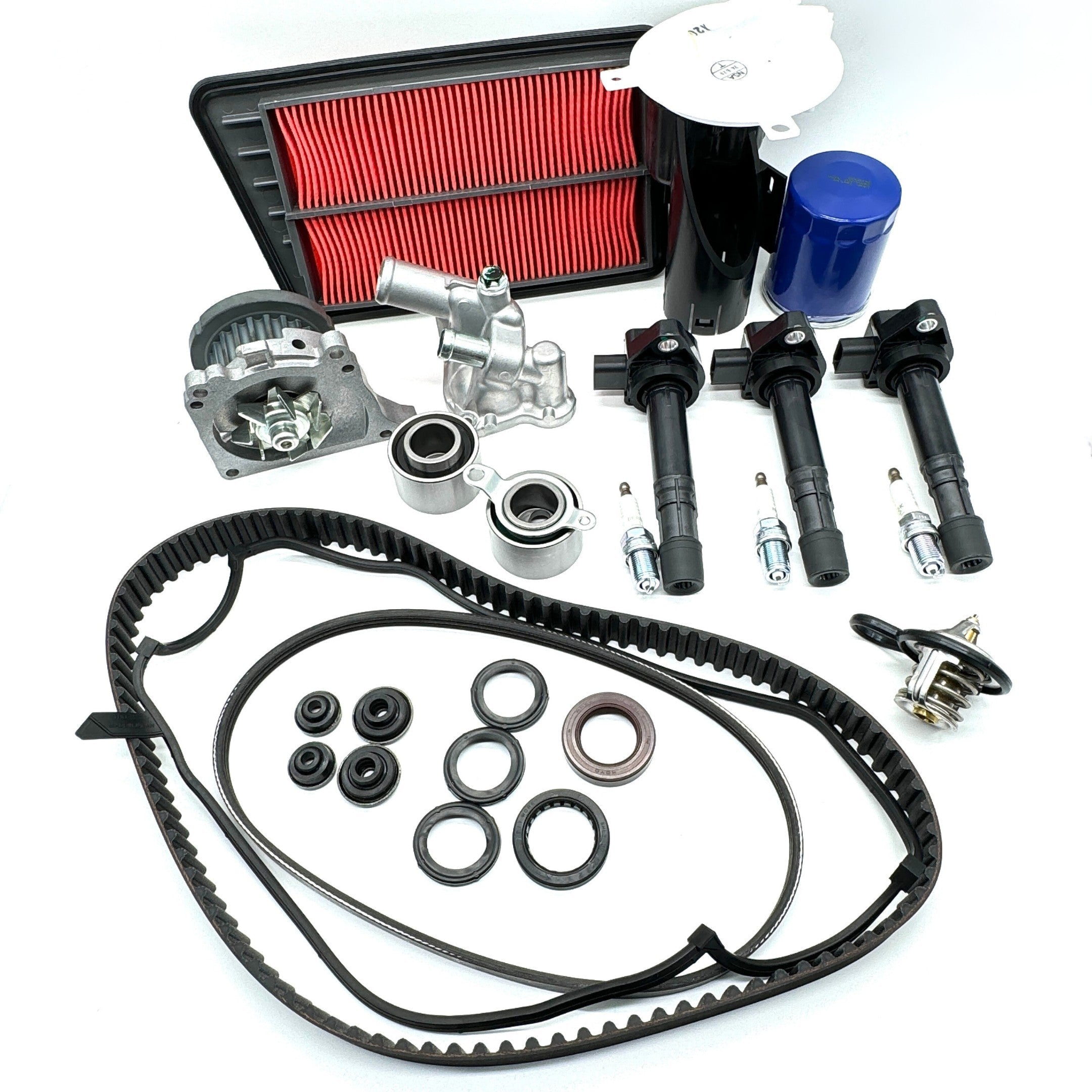 Timing Belt Kit - 26 Piece for Honda Acty Van HH5, HH6 Models (1999-2009) featuring black belts, red air filter, and essential components.