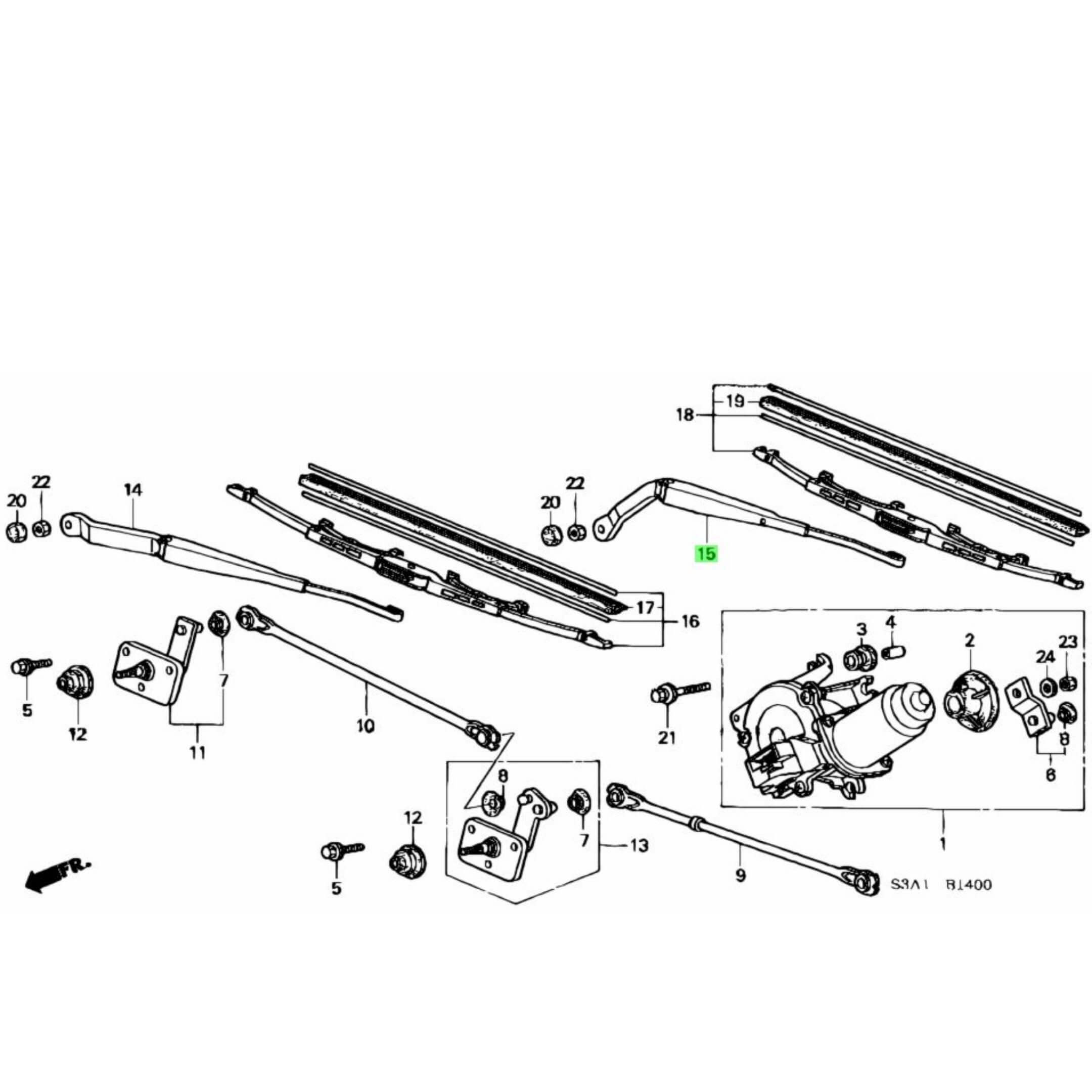 Technical diagram of the passenger side wiper arm for Honda Acty Truck HA8, HA9 models (2009-2022), showcasing components and assembly details.