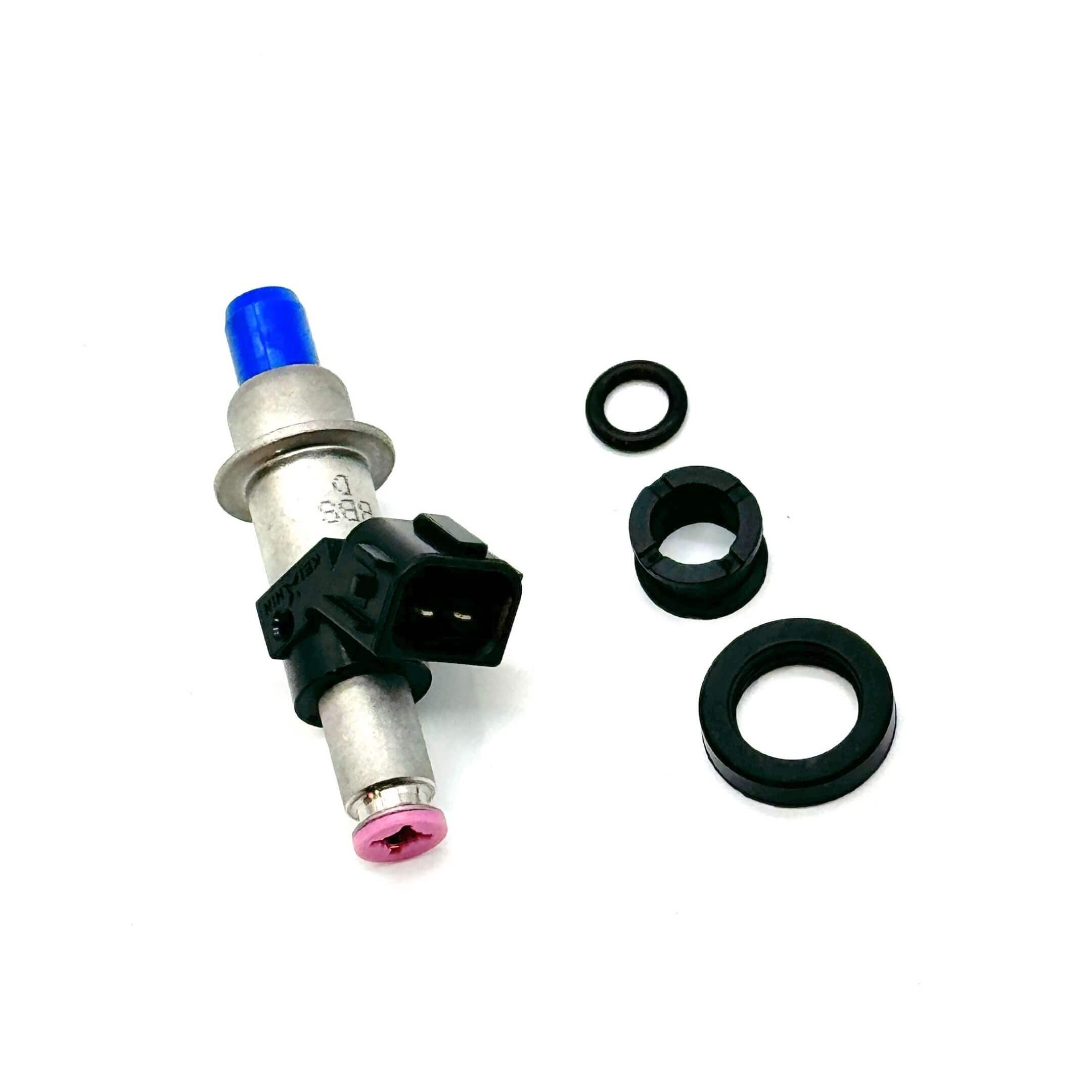 Fuel Injector for Honda Acty Truck HA9 Model 2009-2022, featuring a silver body with blue and pink accents, and accompanying black rubber seals.