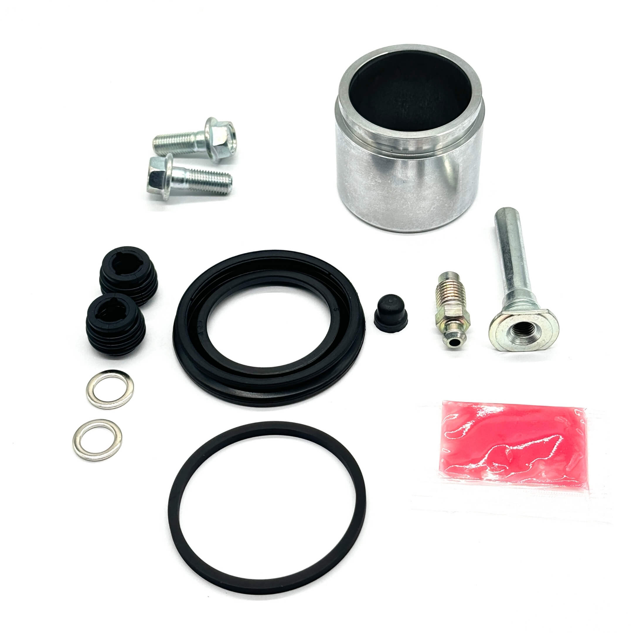 Complete Brake Caliper Full Rebuild Kit for Honda Acty HH3 HH4 models, featuring piston, seals, boots, washers, bolts, grease, and bleeder screw.