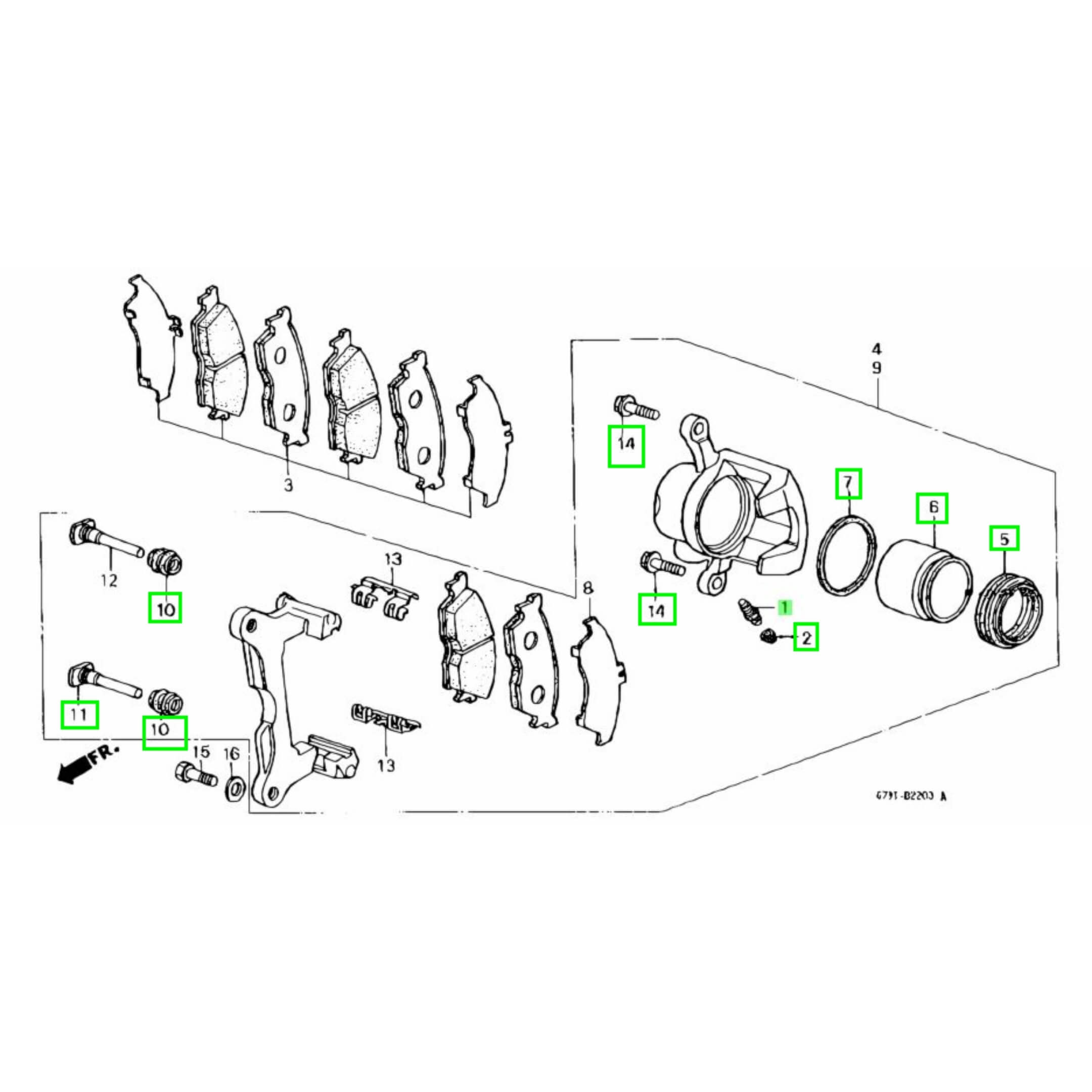 Honda Acty Van HH3, HH4 brake caliper rebuild kit part location in a detailed diagram.