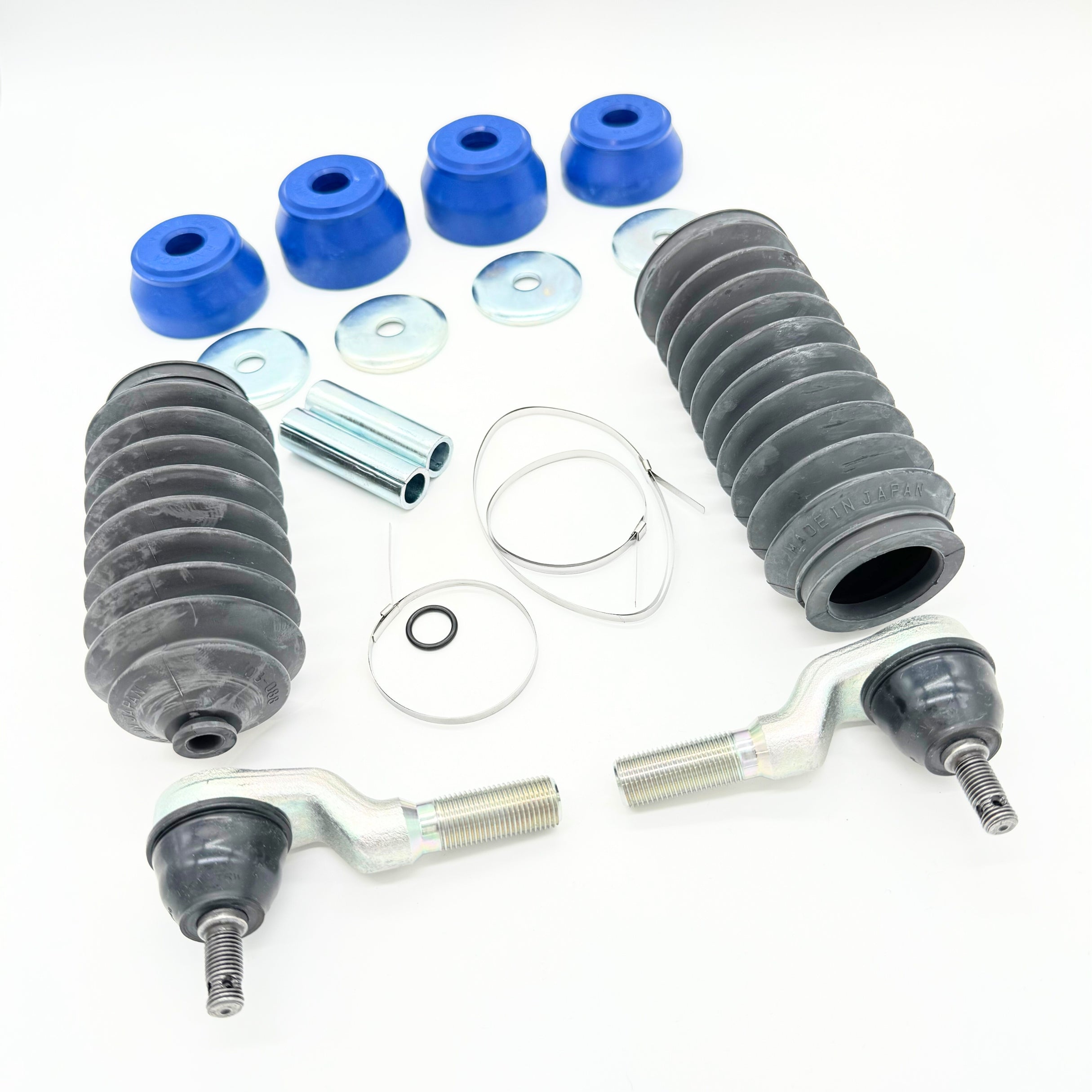18-piece steering and suspension upgrade kit for Honda Acty HH3, HH4 models (1990-1999) - includes outer tie rods, rubber boots, bushings, washers, sleeves, and clamps for comprehensive vehicle upgrade