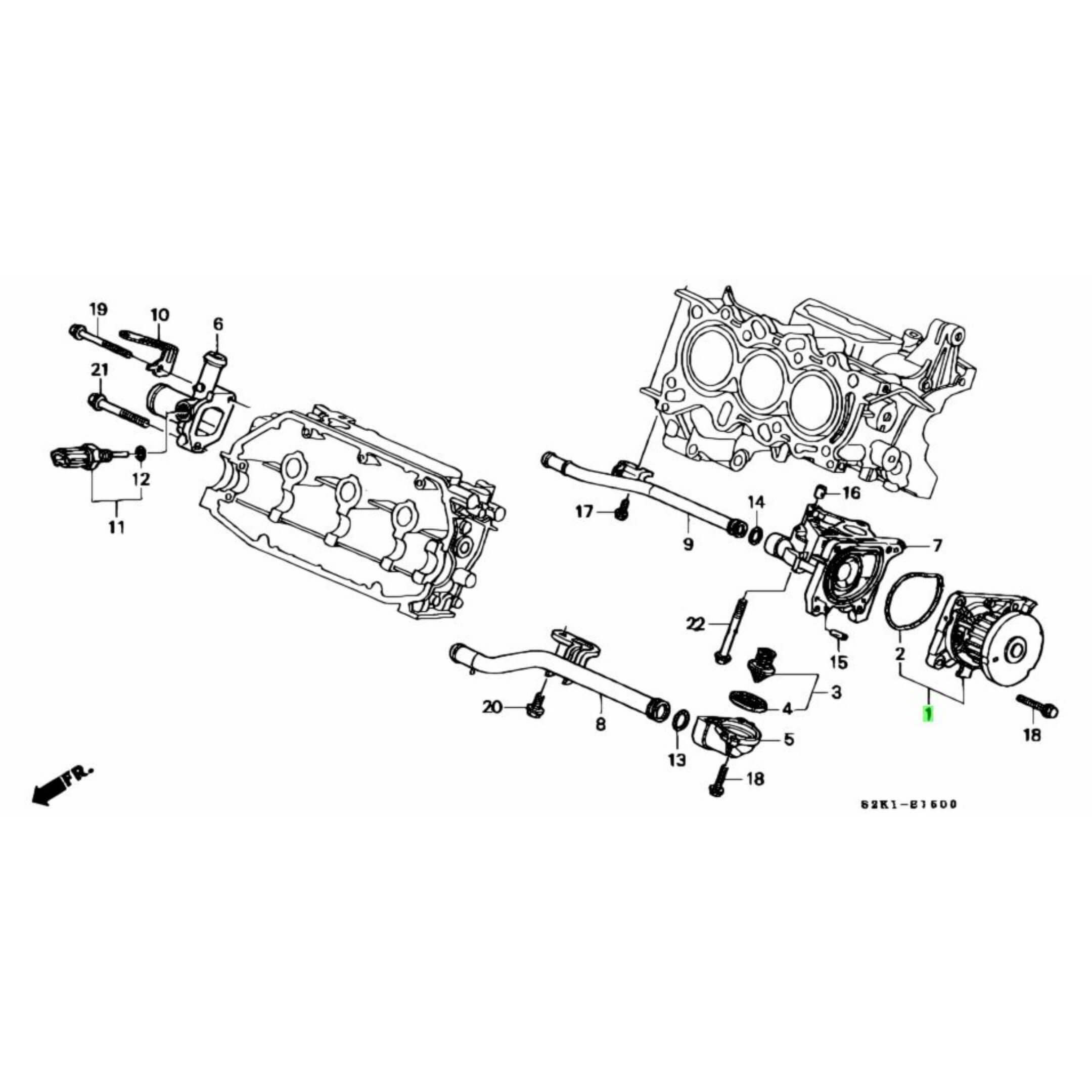 Technical diagram of a water pump for Honda Vamos Van HM1, HM2 models (1999-2018), showcasing detailed component layout and assembly.
