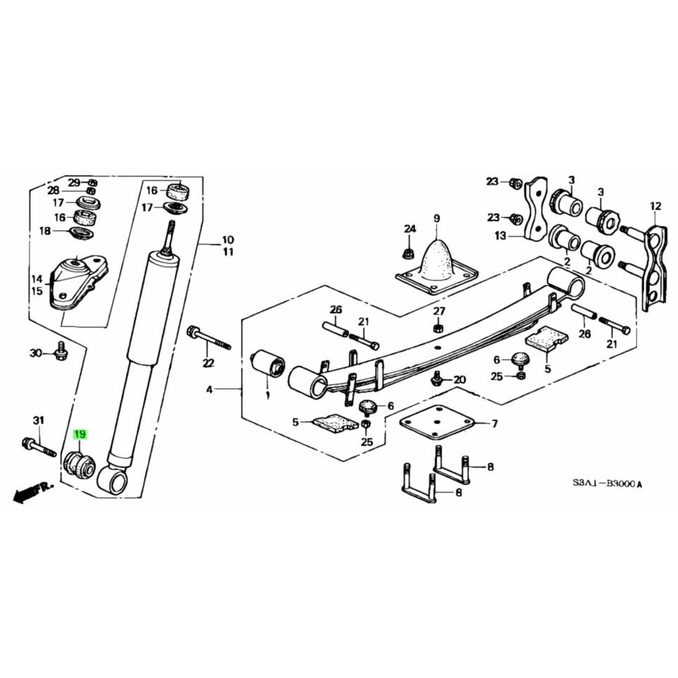 Technical diagram of rear shock bushing for Honda Acty Truck HA8, HA9 models (2009-2022), showcasing detailed parts and assembly layout.