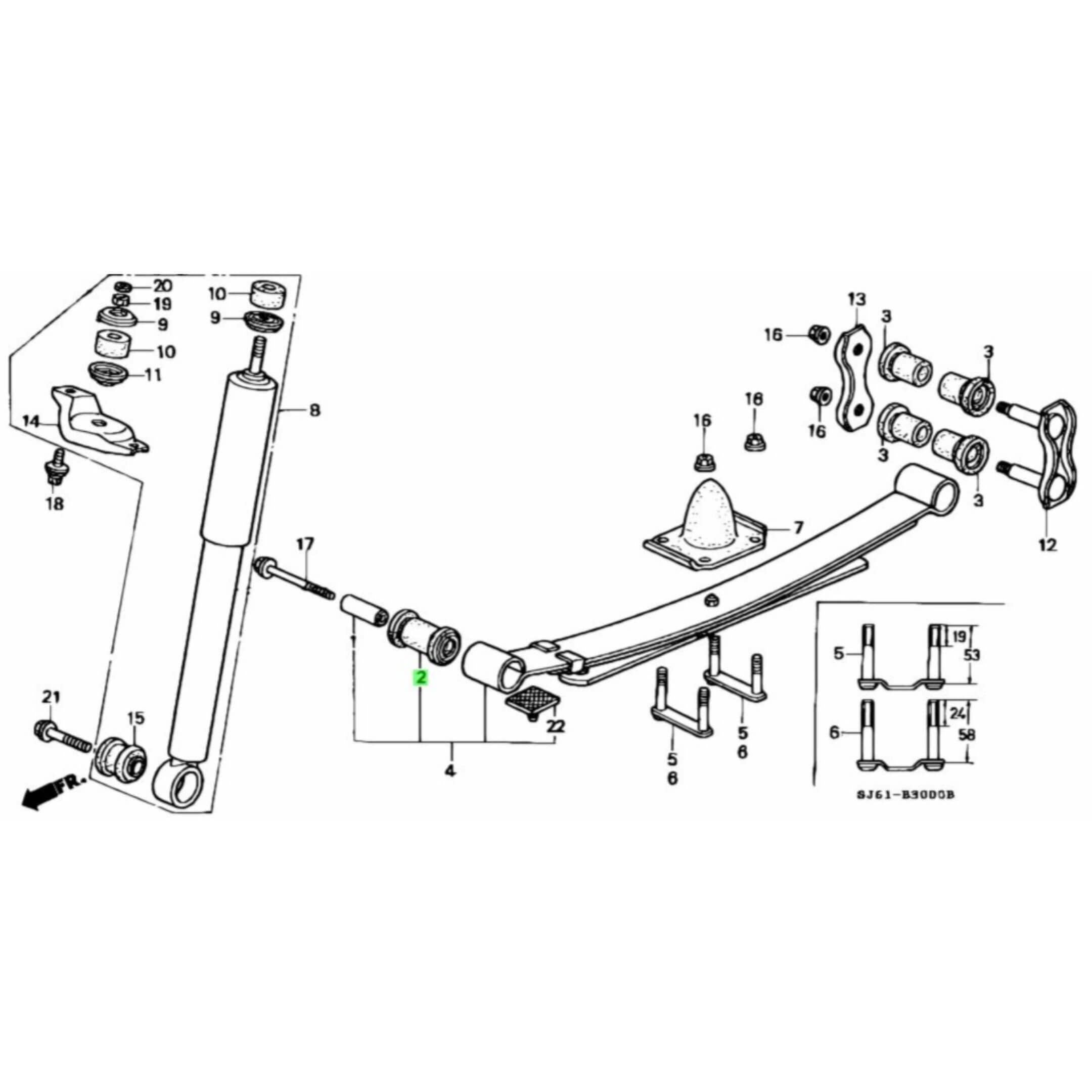 Leaf Spring Bushing Set for Front Left/Right Honda Acty Truck Models HA3, HA4 (1990-1999) with detailed assembly diagram.