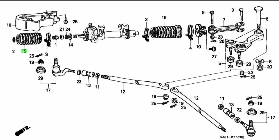 Parts diagram showing front side steering boot and related components for Honda Acty Van HH3, HH4 models (1990-1999)