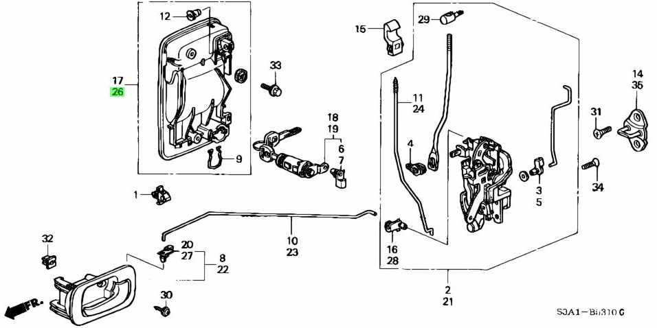 Exploded diagram of Honda Acty Van HH3, HH4 door components featuring Left Exterior Door Handle (1990-1999)