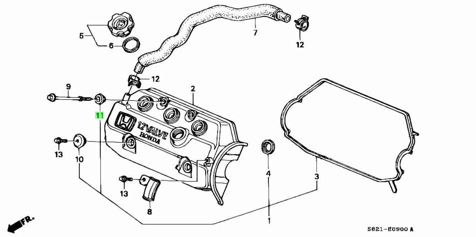 Detailed OEM diagram for Honda Acty Van HH3, HH4, showing valve cover bolt seals placement.