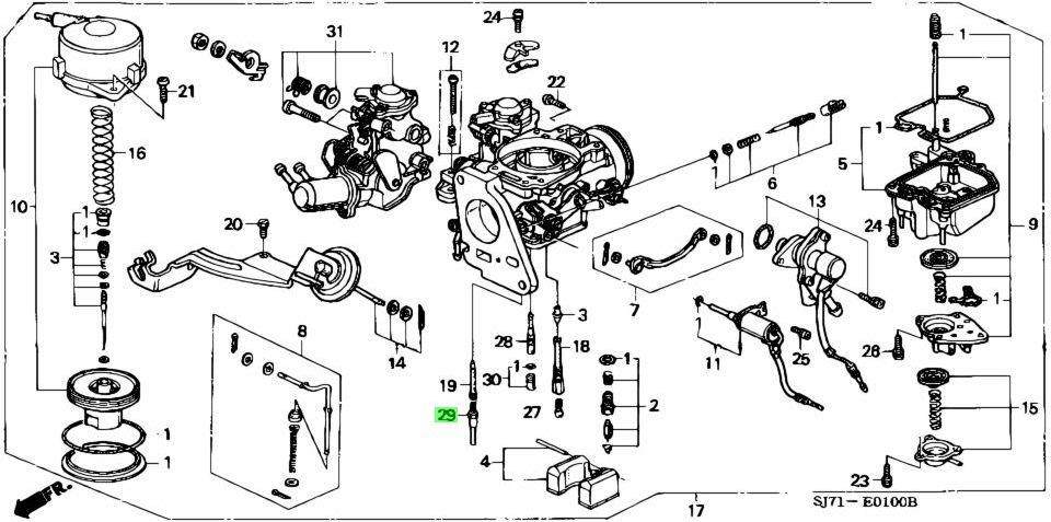 Exploded diagram of the carburetor assembly for Honda Acty Van HH3, HH4 (1990-1999), illustrating the placement of the Secondary Economizer Jet within the system.